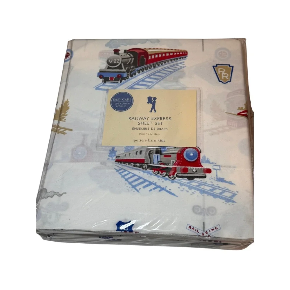 Pottery Barn Kids Railway Express Twin Sheet Set + Pillowcase NIP Cotton Trains